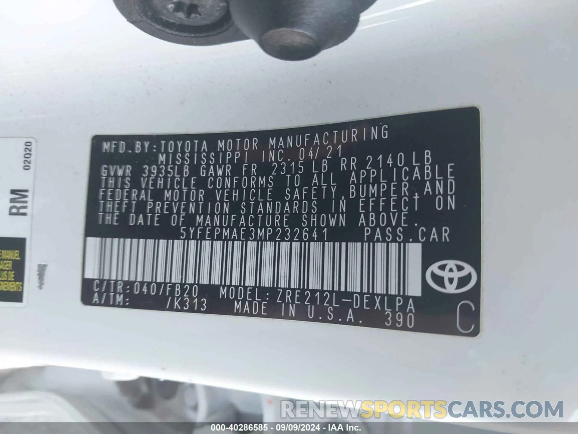 9 Photograph of a damaged car 5YFEPMAE3MP232641 TOYOTA COROLLA 2021