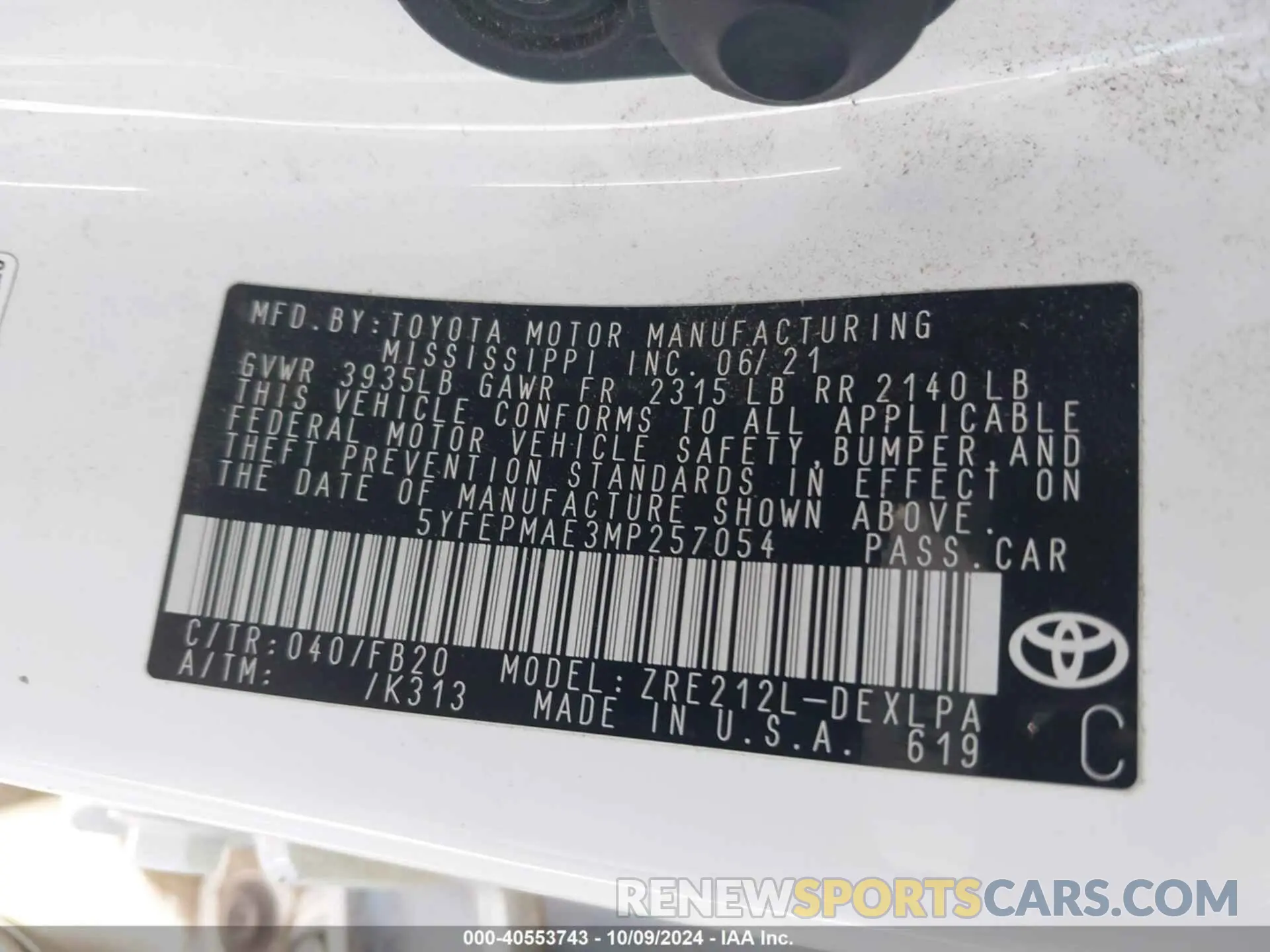 9 Photograph of a damaged car 5YFEPMAE3MP257054 TOYOTA COROLLA 2021