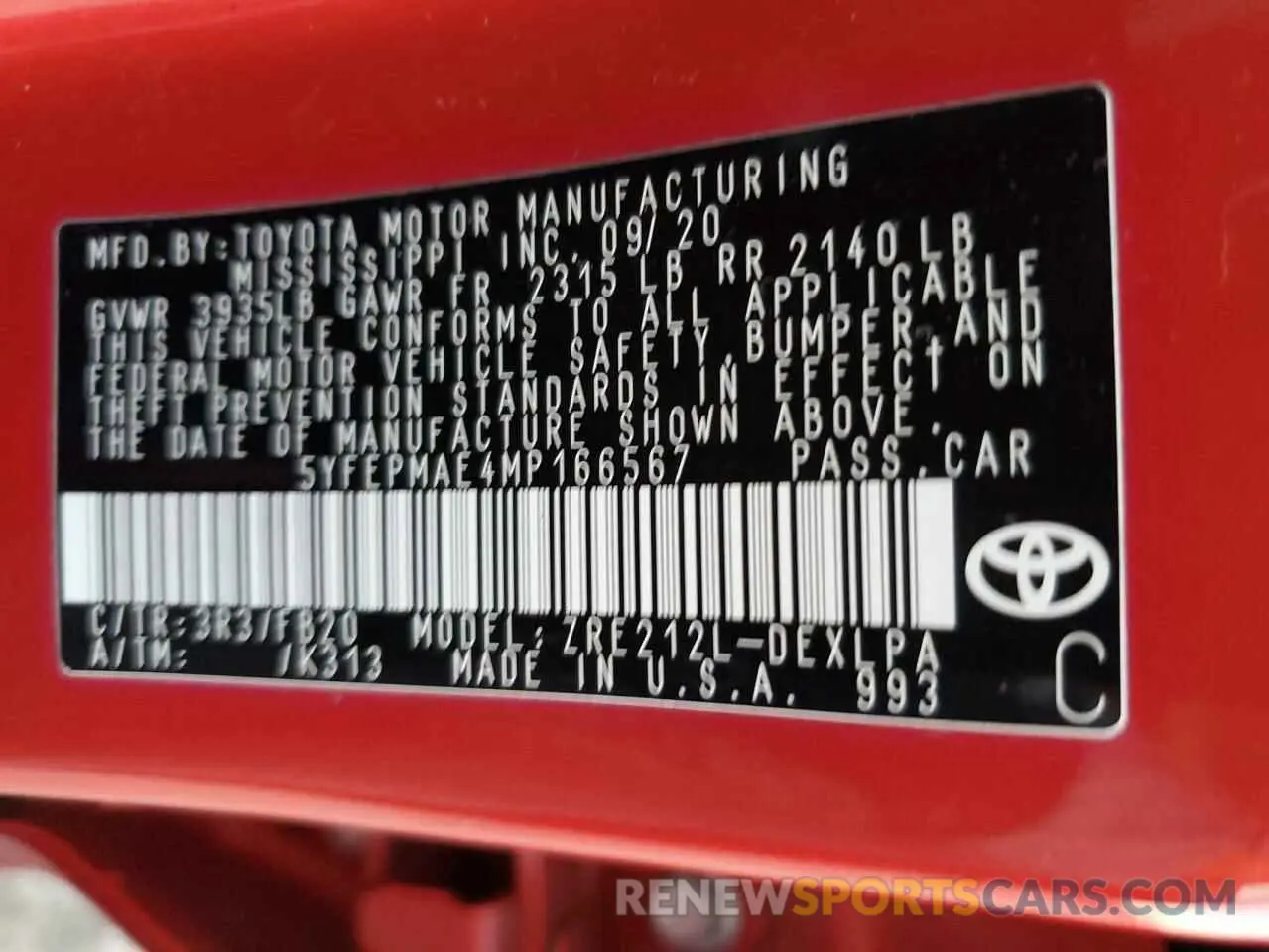 12 Photograph of a damaged car 5YFEPMAE4MP166567 TOYOTA COROLLA 2021