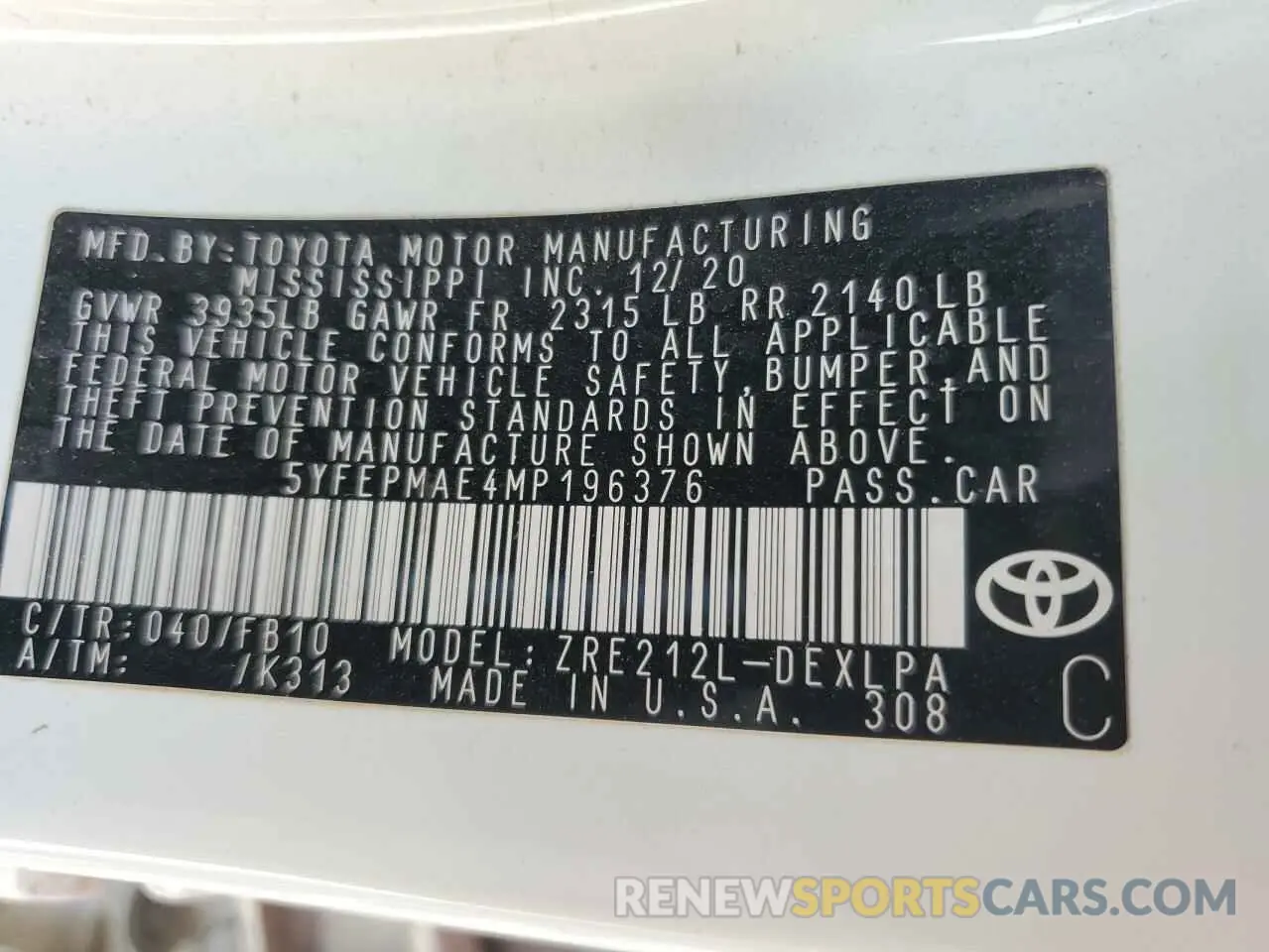 12 Photograph of a damaged car 5YFEPMAE4MP196376 TOYOTA COROLLA 2021