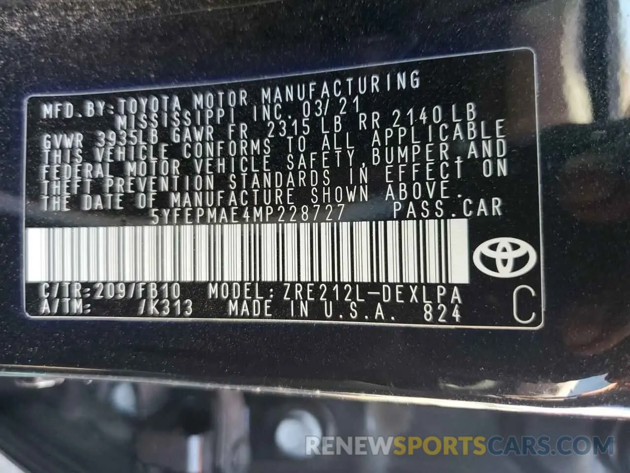 12 Photograph of a damaged car 5YFEPMAE4MP228727 TOYOTA COROLLA 2021