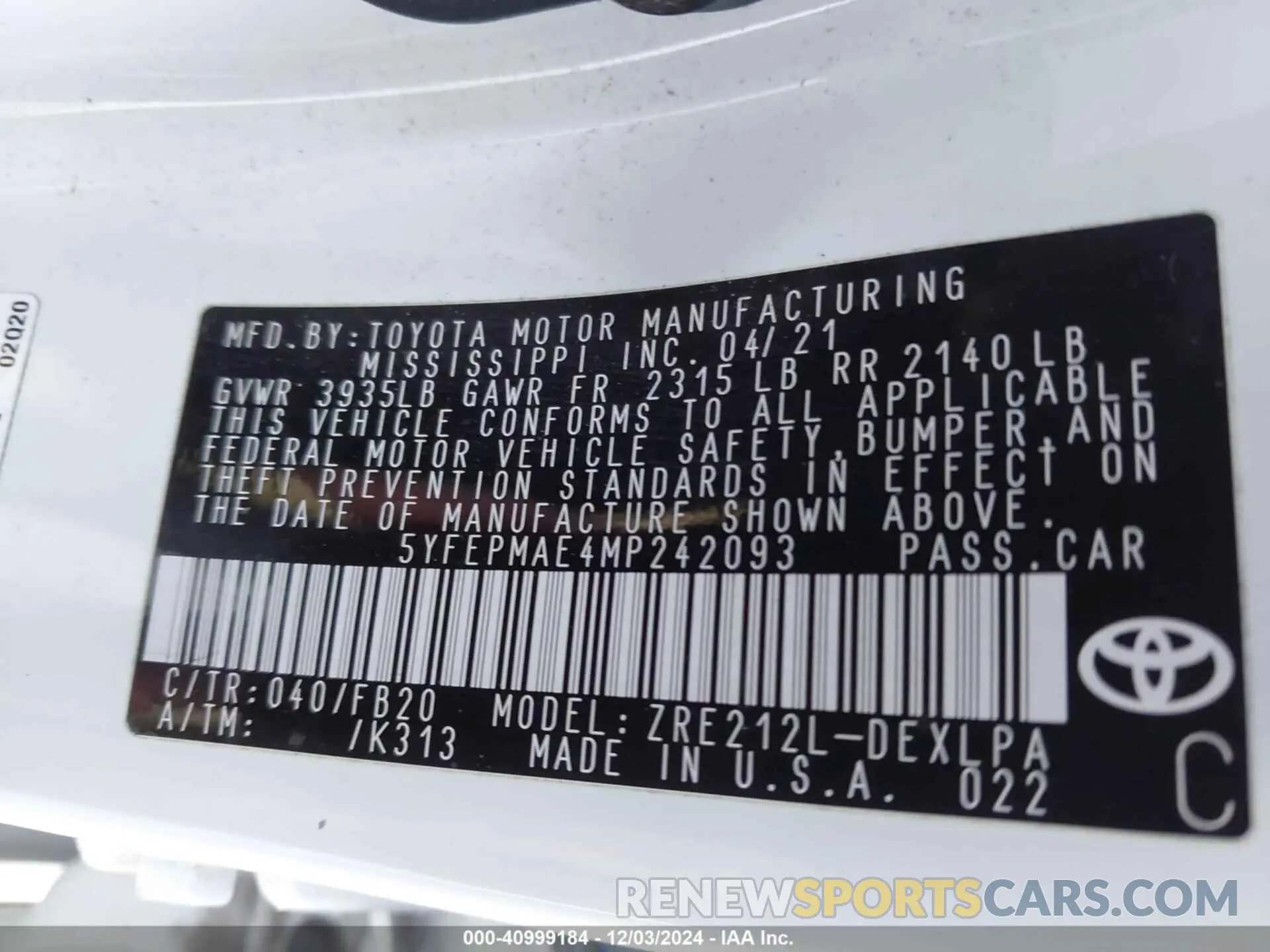 9 Photograph of a damaged car 5YFEPMAE4MP242093 TOYOTA COROLLA 2021