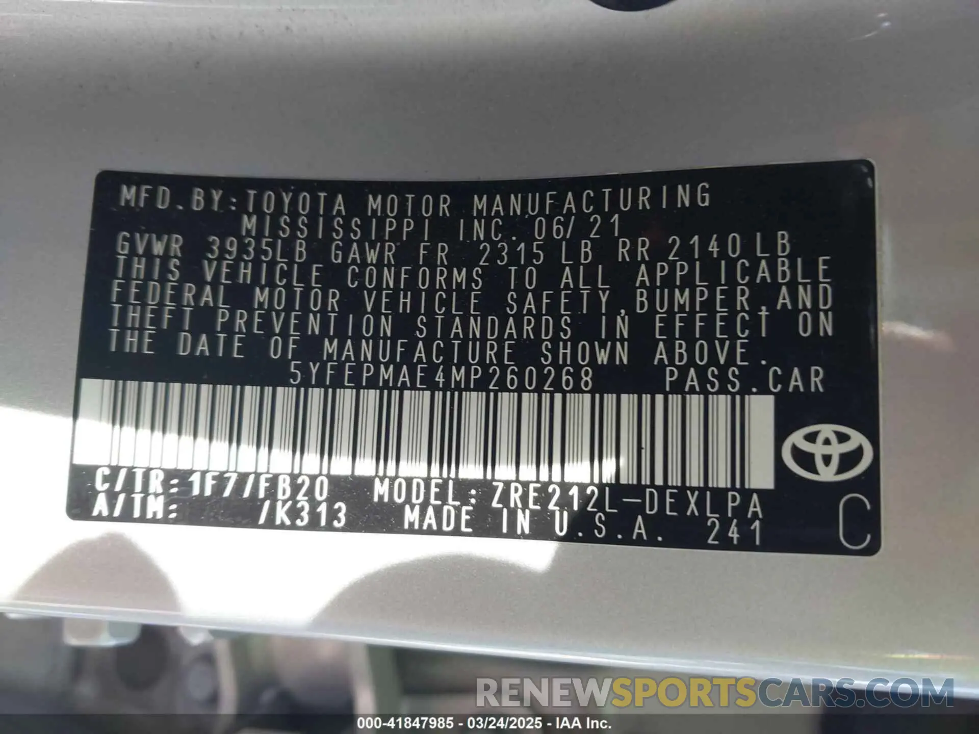 9 Photograph of a damaged car 5YFEPMAE4MP260268 TOYOTA COROLLA 2021