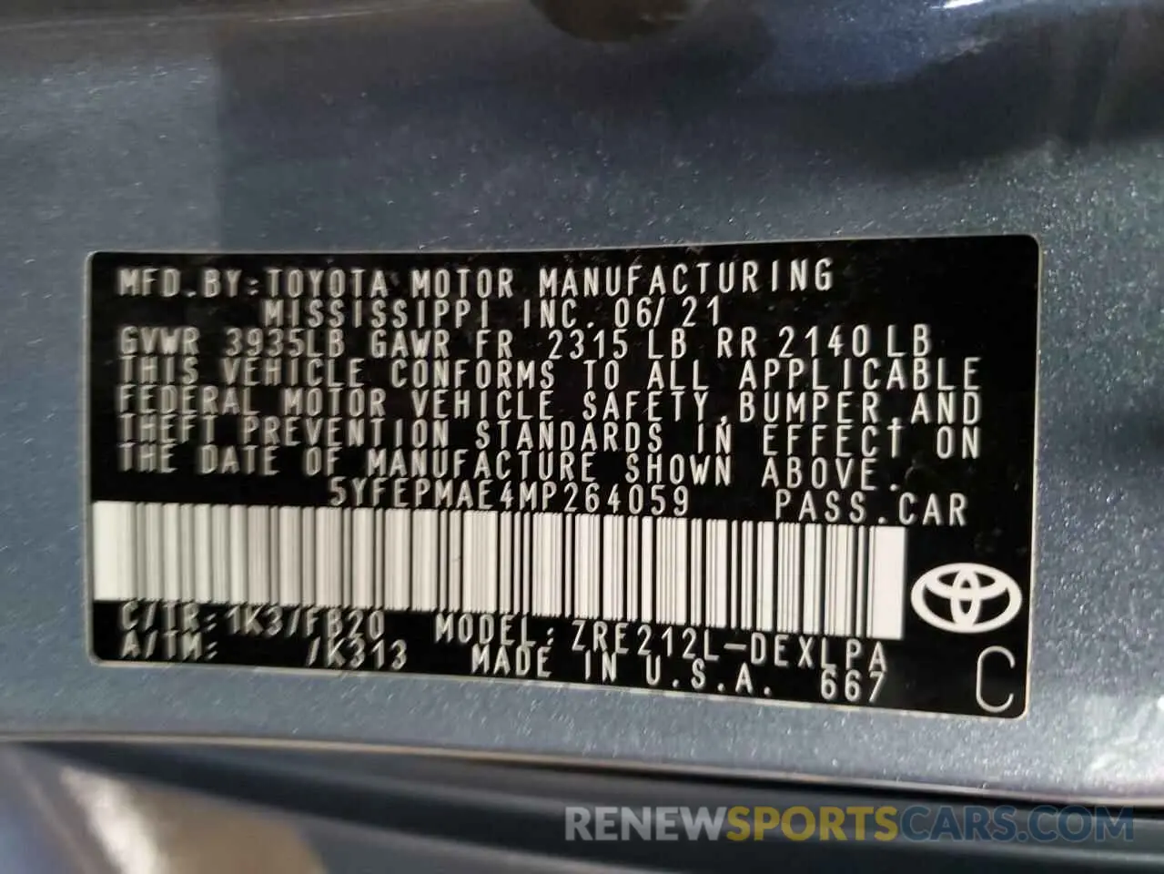 12 Photograph of a damaged car 5YFEPMAE4MP264059 TOYOTA COROLLA 2021