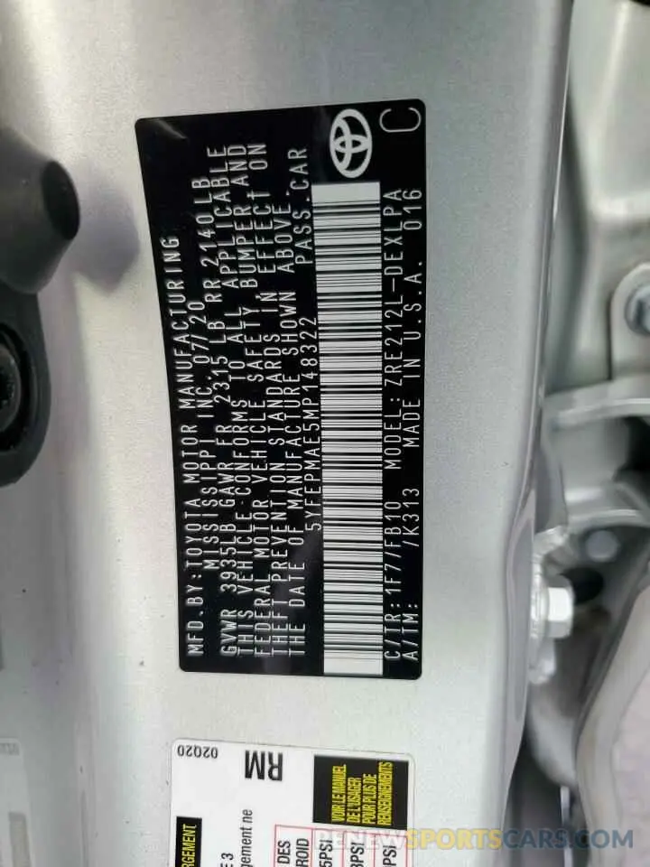 12 Photograph of a damaged car 5YFEPMAE5MP148322 TOYOTA COROLLA 2021