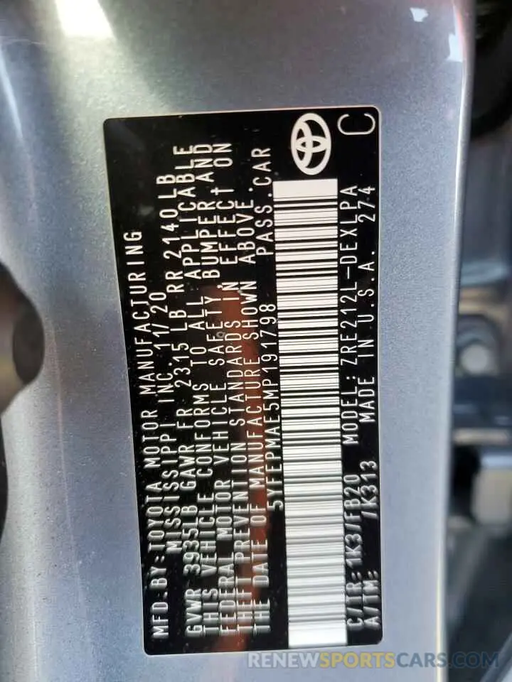 13 Photograph of a damaged car 5YFEPMAE5MP191798 TOYOTA COROLLA 2021