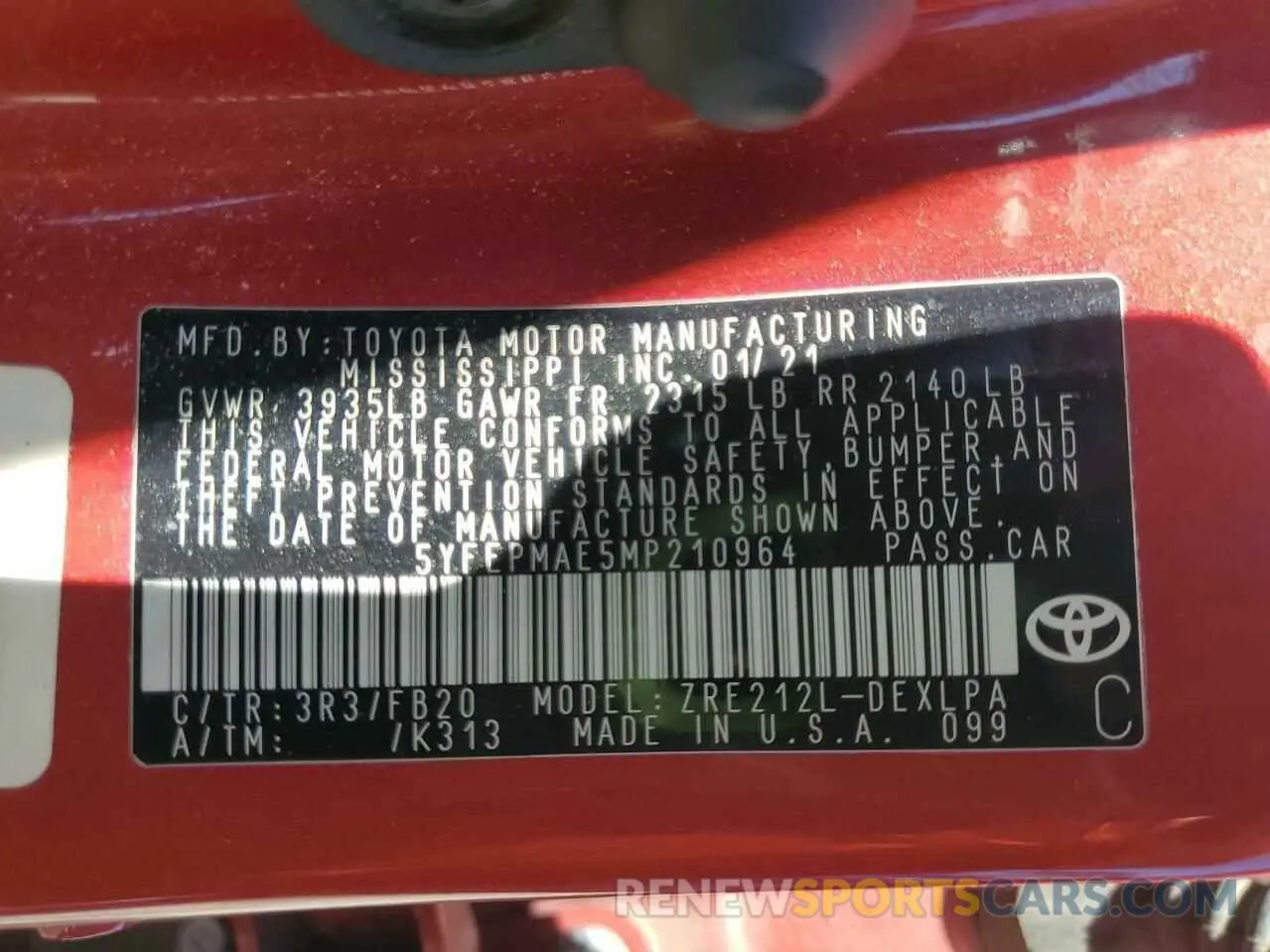 12 Photograph of a damaged car 5YFEPMAE5MP210964 TOYOTA COROLLA 2021
