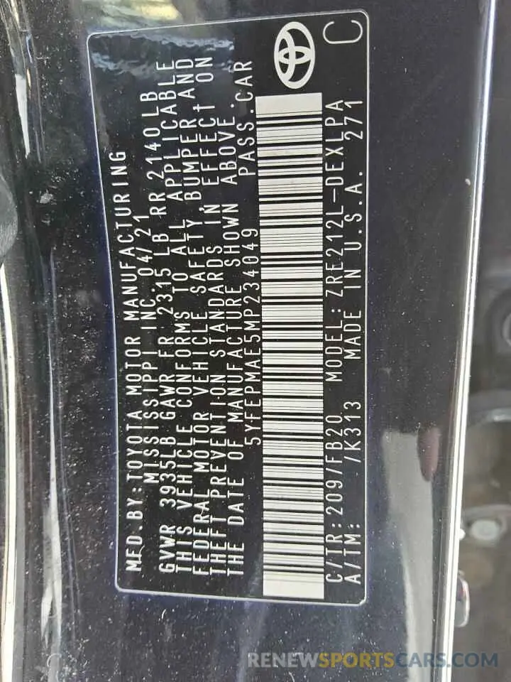 13 Photograph of a damaged car 5YFEPMAE5MP234049 TOYOTA COROLLA 2021