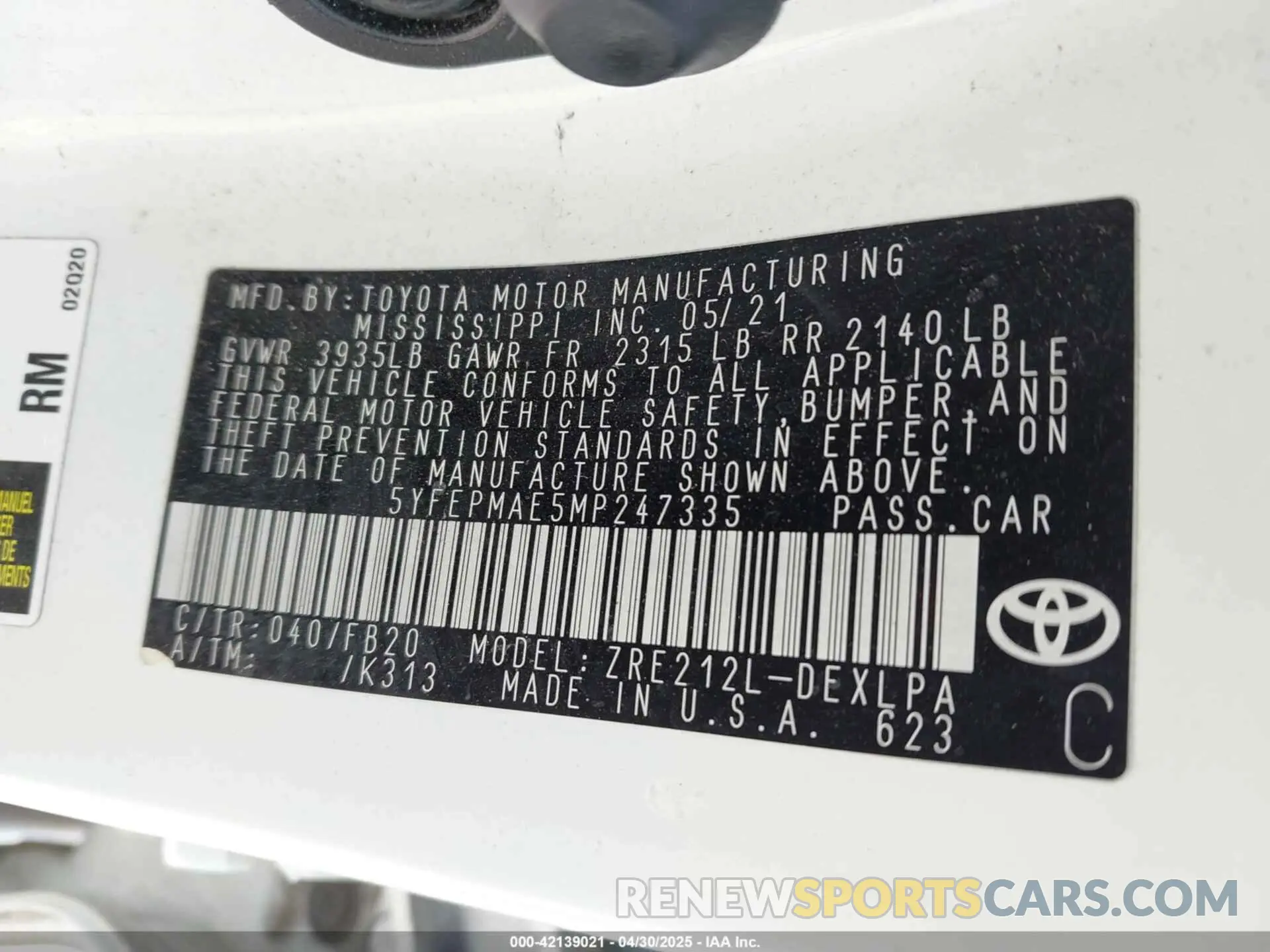 9 Photograph of a damaged car 5YFEPMAE5MP247335 TOYOTA COROLLA 2021