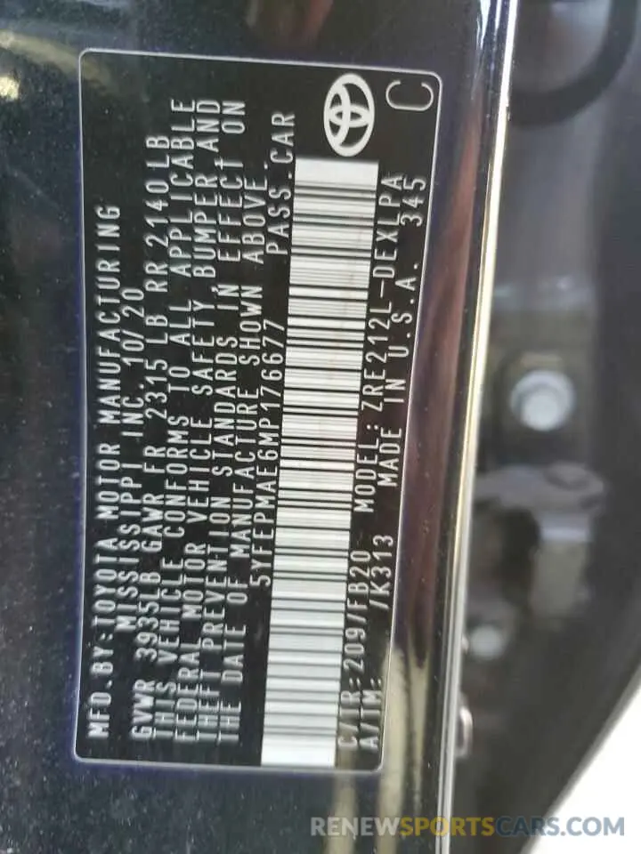 12 Photograph of a damaged car 5YFEPMAE6MP176677 TOYOTA COROLLA 2021