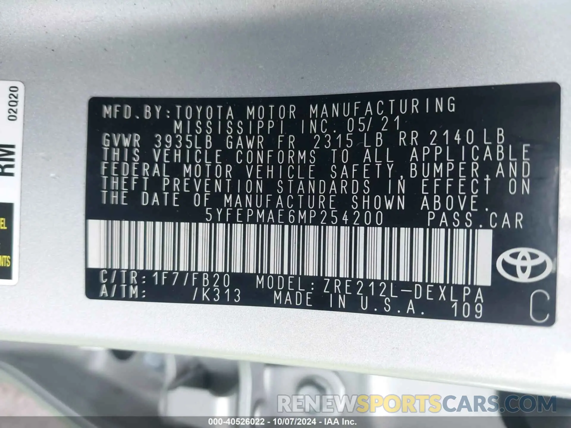9 Photograph of a damaged car 5YFEPMAE6MP254200 TOYOTA COROLLA 2021