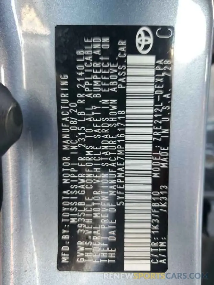 12 Photograph of a damaged car 5YFEPMAE7MP161718 TOYOTA COROLLA 2021
