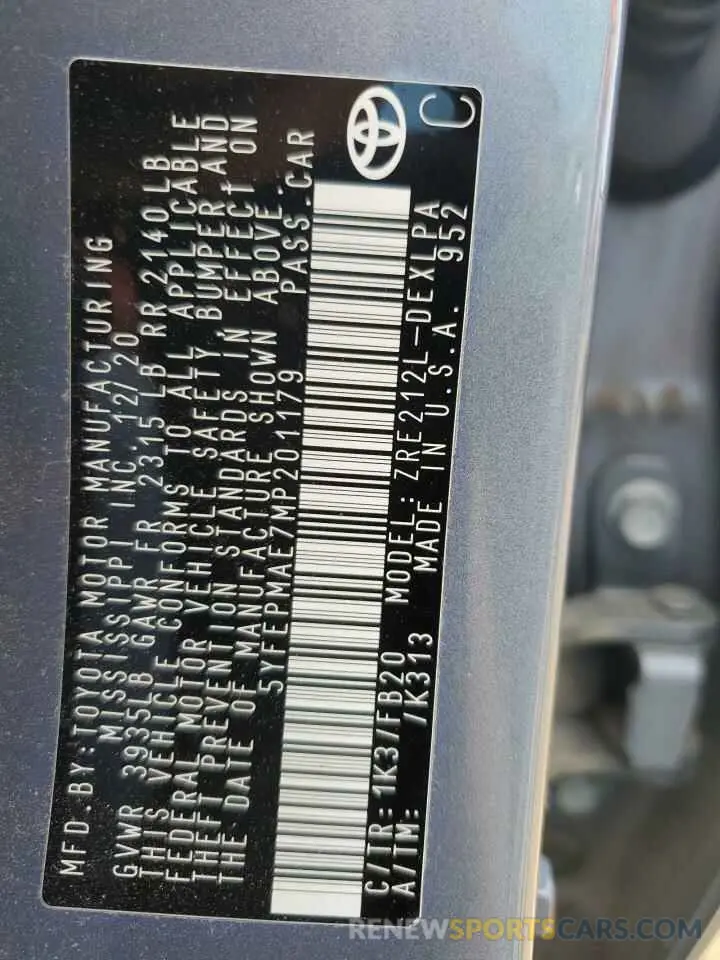 12 Photograph of a damaged car 5YFEPMAE7MP201179 TOYOTA COROLLA 2021