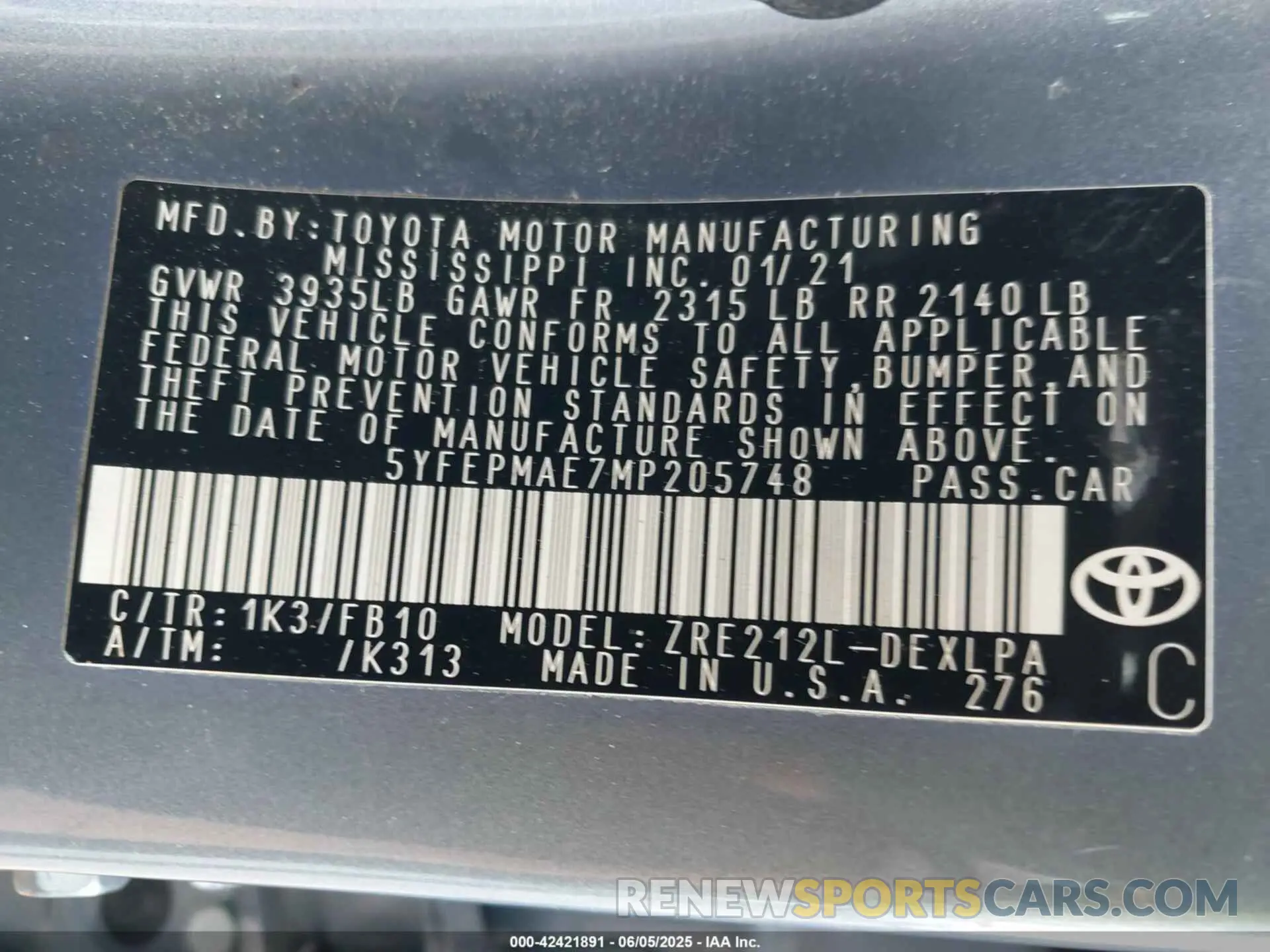 9 Photograph of a damaged car 5YFEPMAE7MP205748 TOYOTA COROLLA 2021