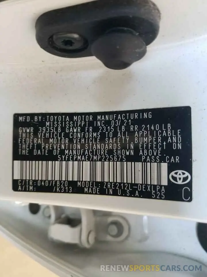 12 Photograph of a damaged car 5YFEPMAE7MP225675 TOYOTA COROLLA 2021