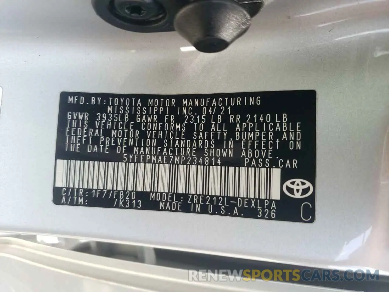 12 Photograph of a damaged car 5YFEPMAE7MP234814 TOYOTA COROLLA 2021