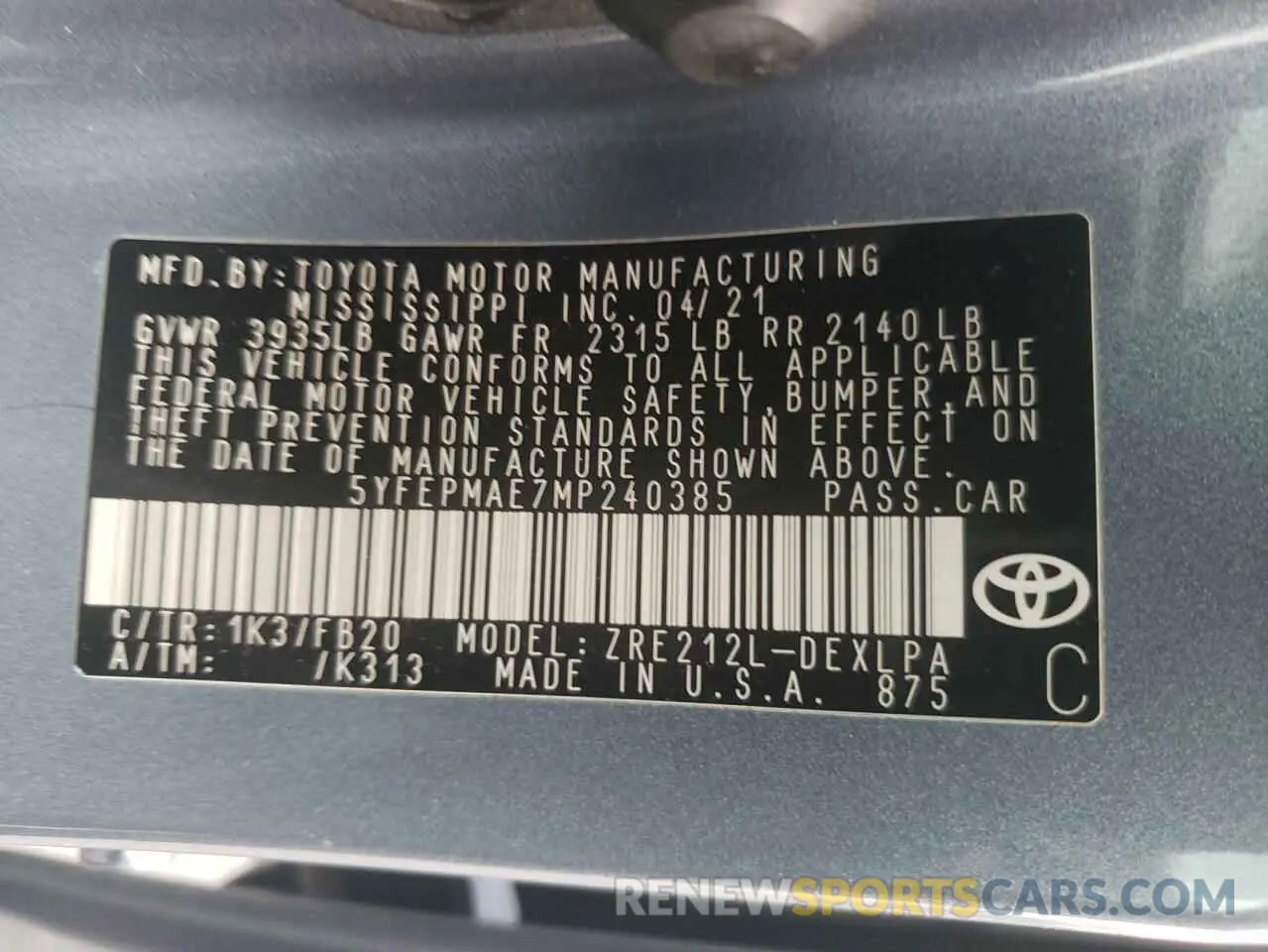 12 Photograph of a damaged car 5YFEPMAE7MP240385 TOYOTA COROLLA 2021