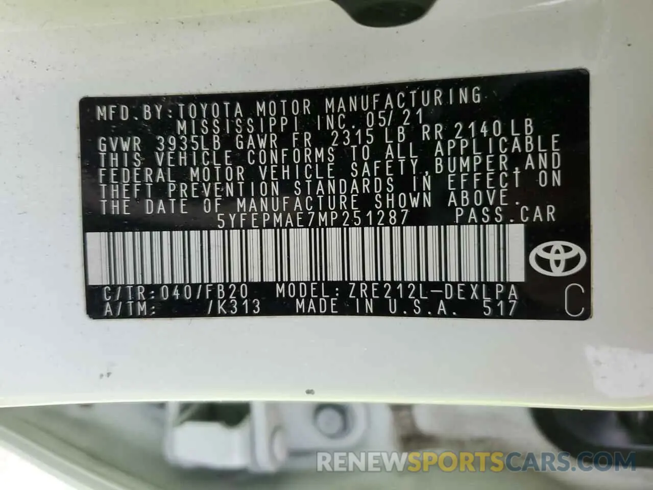 12 Photograph of a damaged car 5YFEPMAE7MP251287 TOYOTA COROLLA 2021