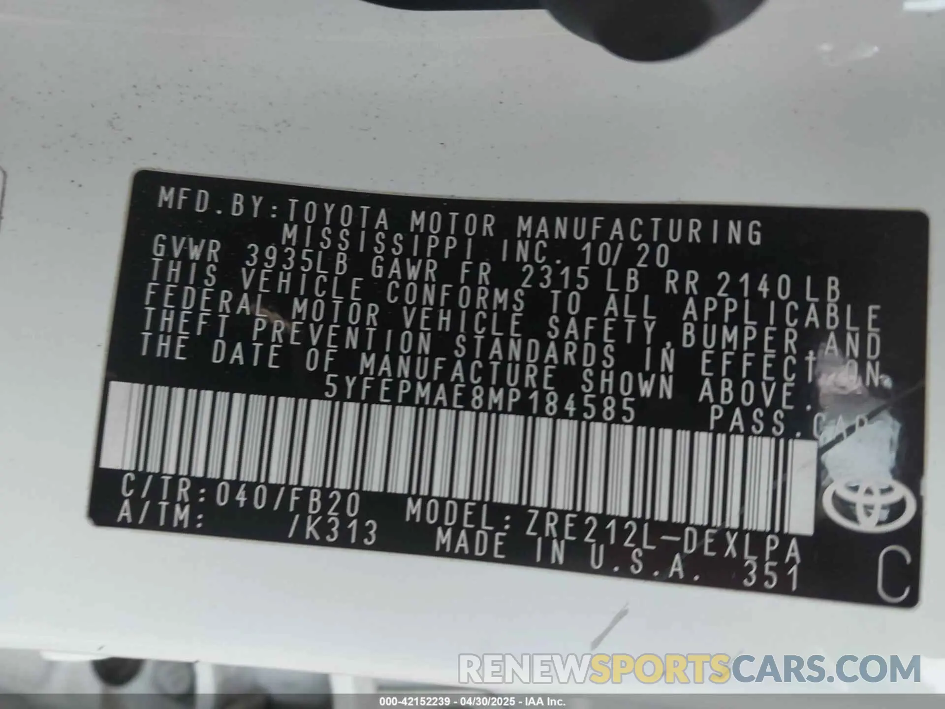 9 Photograph of a damaged car 5YFEPMAE8MP184585 TOYOTA COROLLA 2021
