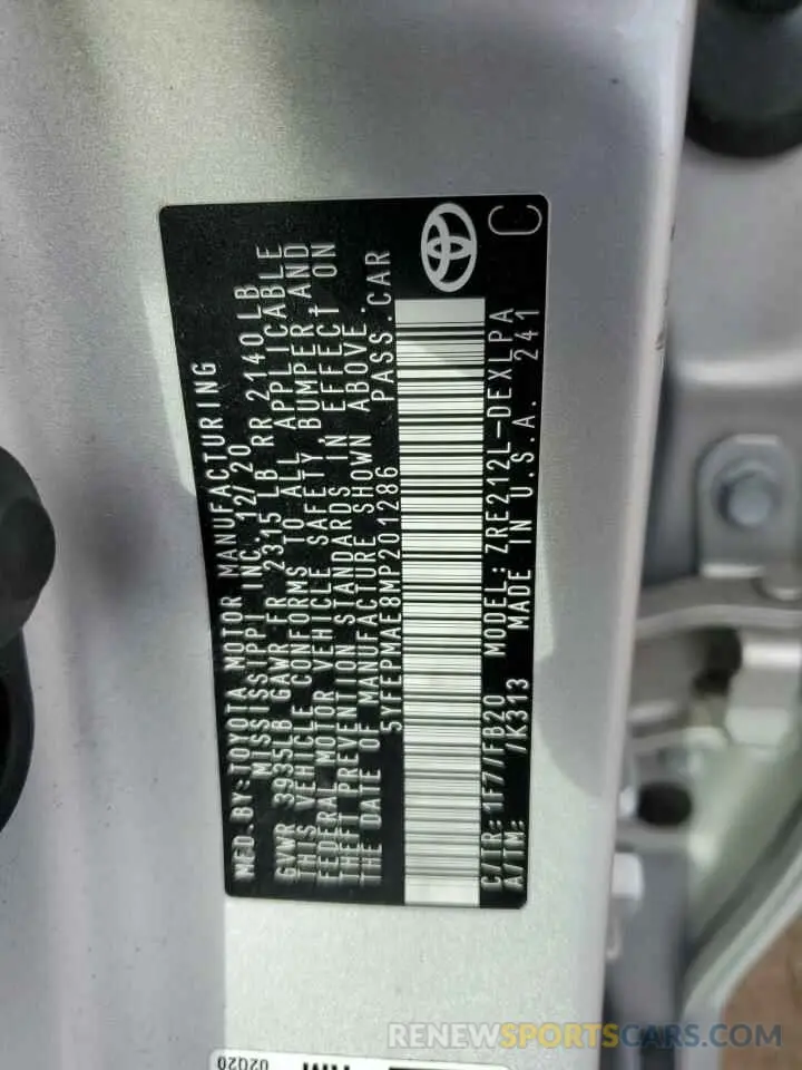 12 Photograph of a damaged car 5YFEPMAE8MP201286 TOYOTA COROLLA 2021