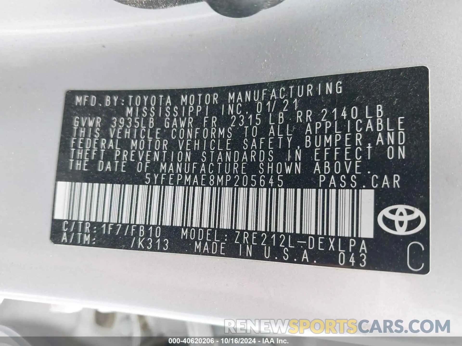 9 Photograph of a damaged car 5YFEPMAE8MP205645 TOYOTA COROLLA 2021