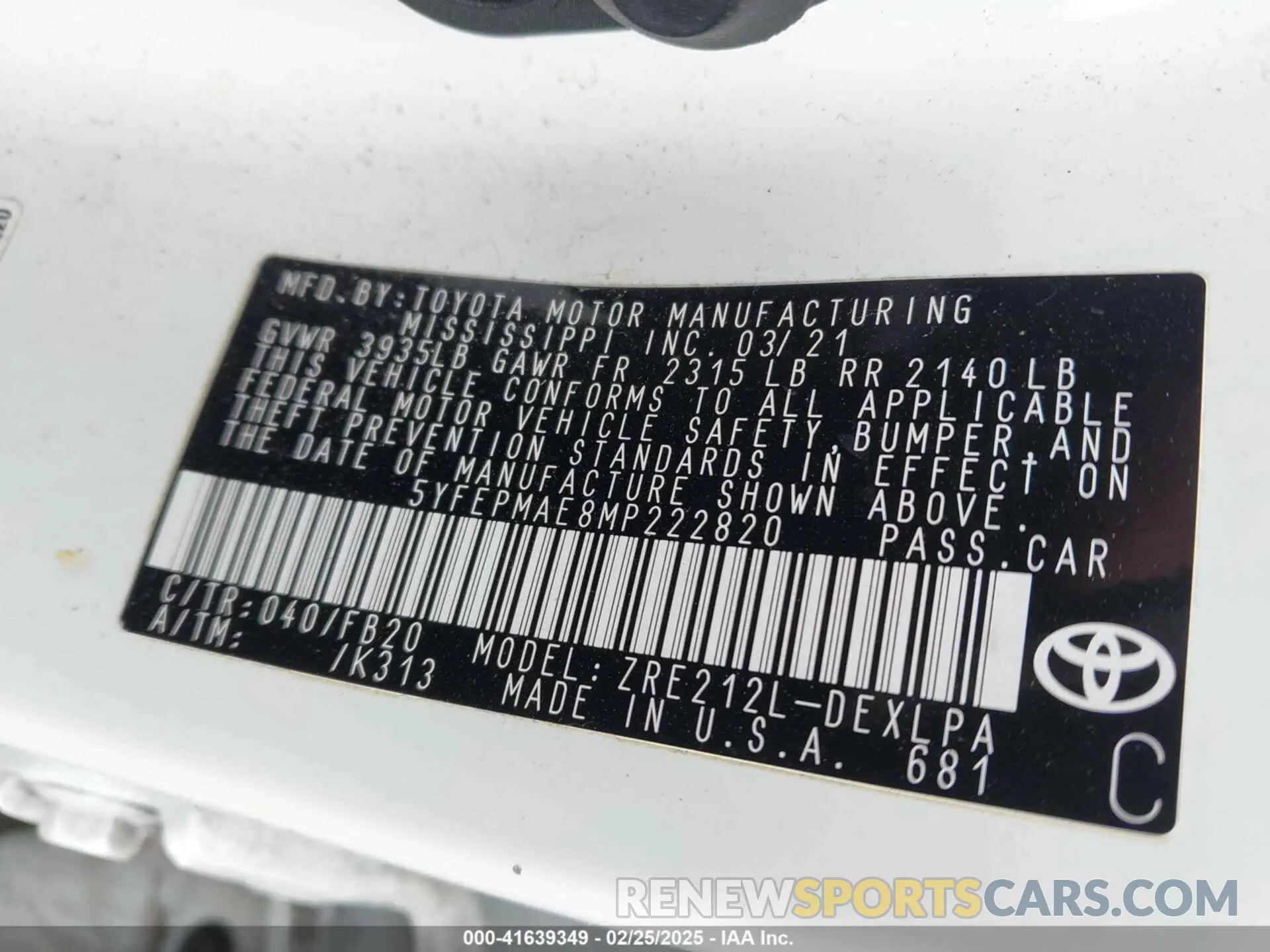 9 Photograph of a damaged car 5YFEPMAE8MP222820 TOYOTA COROLLA 2021
