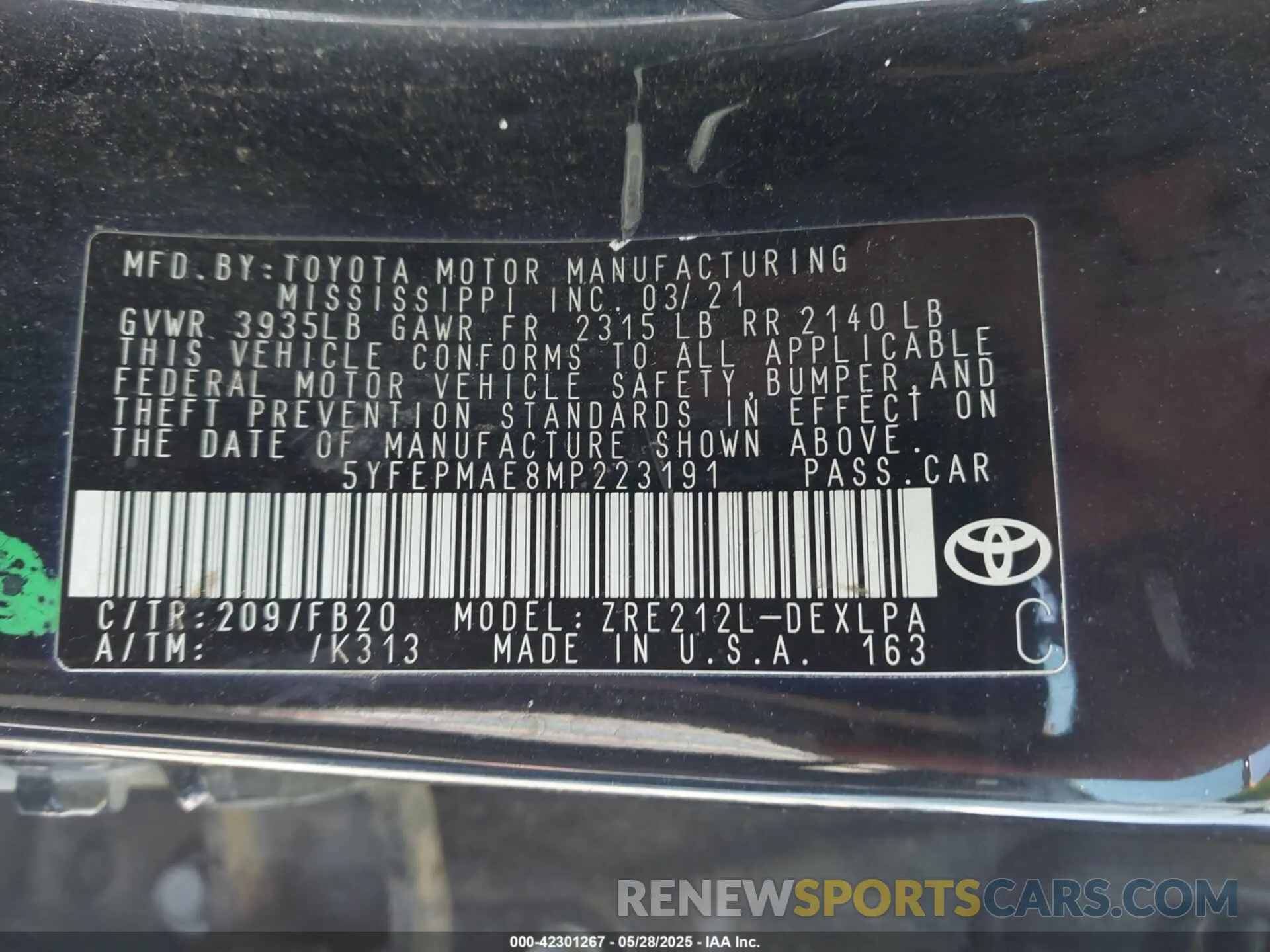 9 Photograph of a damaged car 5YFEPMAE8MP223191 TOYOTA COROLLA 2021