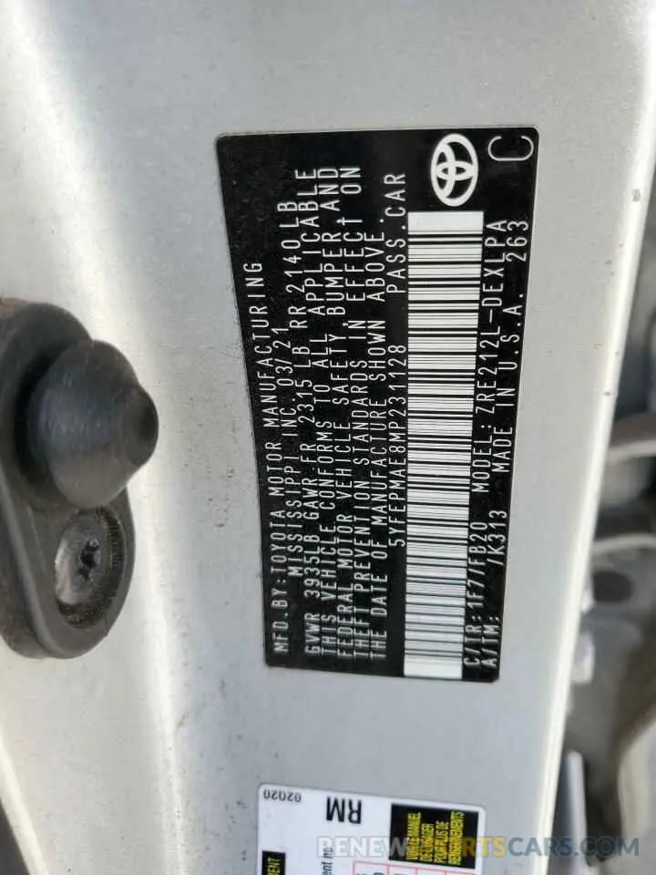 12 Photograph of a damaged car 5YFEPMAE8MP231128 TOYOTA COROLLA 2021