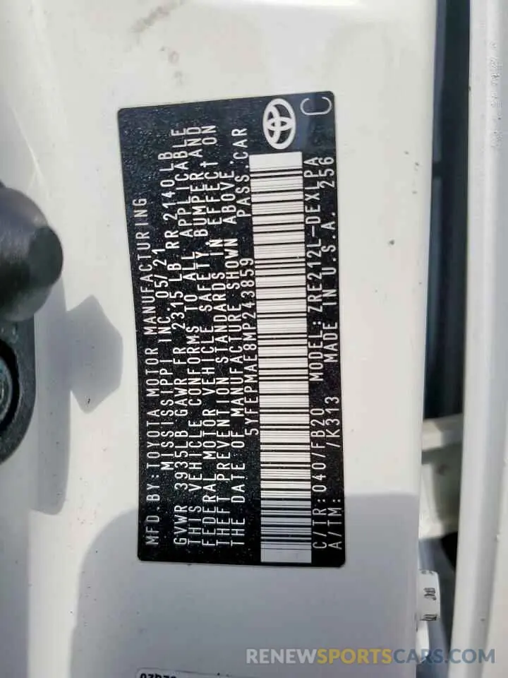 12 Photograph of a damaged car 5YFEPMAE8MP243859 TOYOTA COROLLA 2021