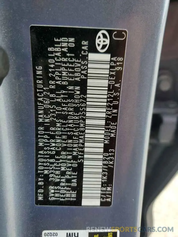 12 Photograph of a damaged car 5YFEPMAE8MP255672 TOYOTA COROLLA 2021