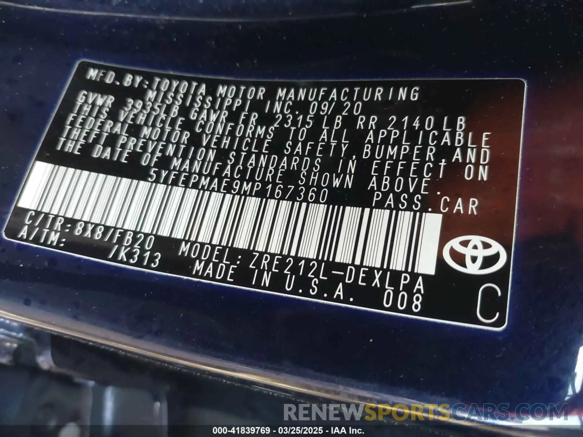 9 Photograph of a damaged car 5YFEPMAE9MP167360 TOYOTA COROLLA 2021