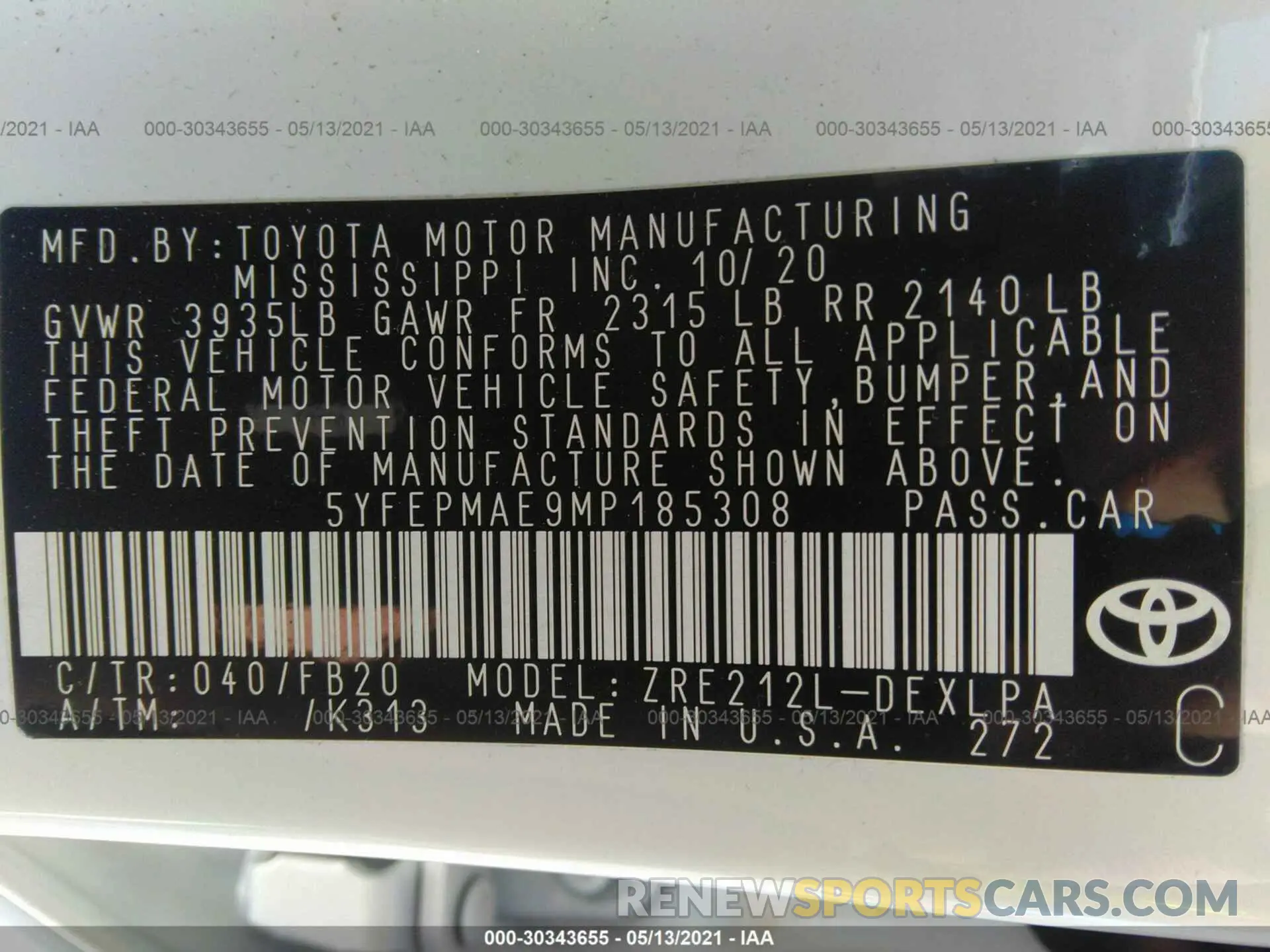 9 Photograph of a damaged car 5YFEPMAE9MP185308 TOYOTA COROLLA 2021