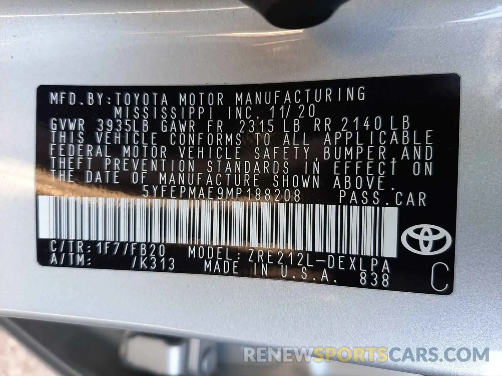10 Photograph of a damaged car 5YFEPMAE9MP188208 TOYOTA COROLLA 2021