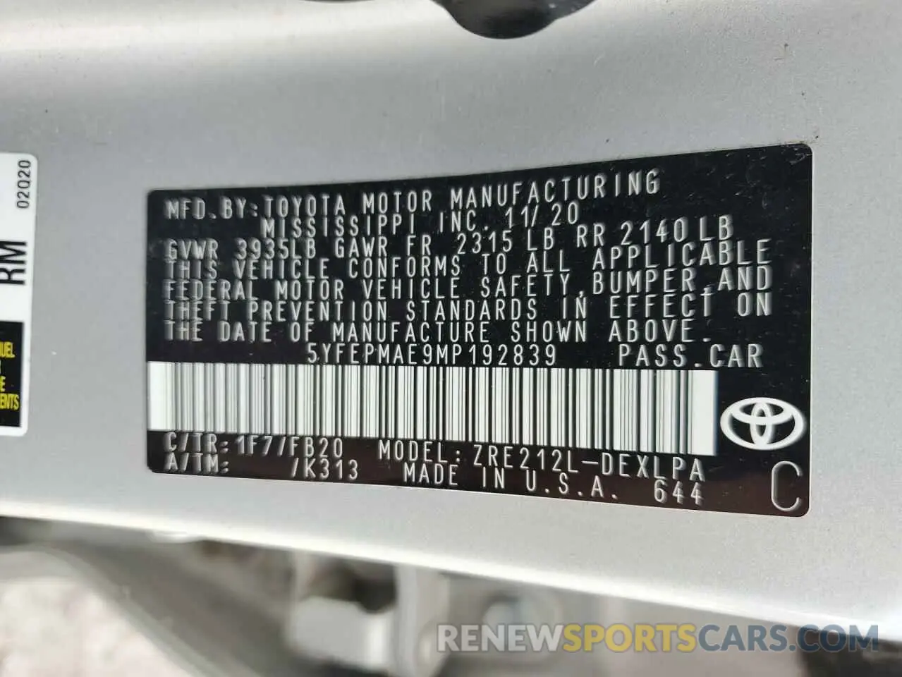 12 Photograph of a damaged car 5YFEPMAE9MP192839 TOYOTA COROLLA 2021
