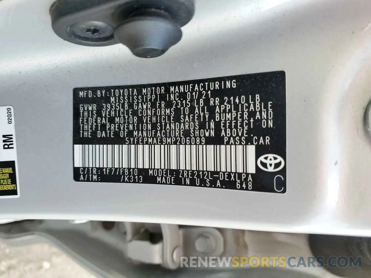 13 Photograph of a damaged car 5YFEPMAE9MP206089 TOYOTA COROLLA 2021