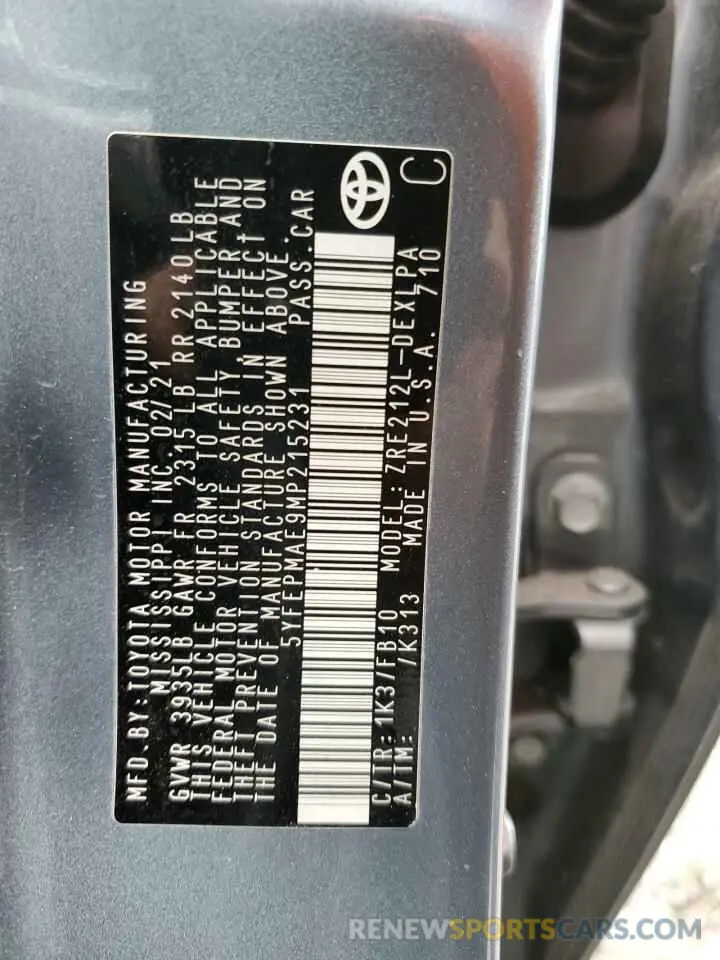 12 Photograph of a damaged car 5YFEPMAE9MP215231 TOYOTA COROLLA 2021