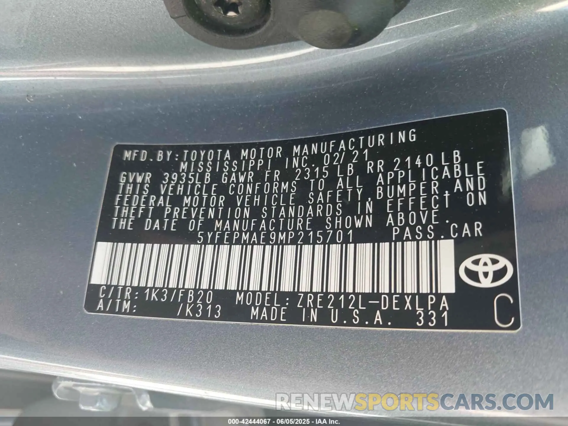 9 Photograph of a damaged car 5YFEPMAE9MP215701 TOYOTA COROLLA 2021