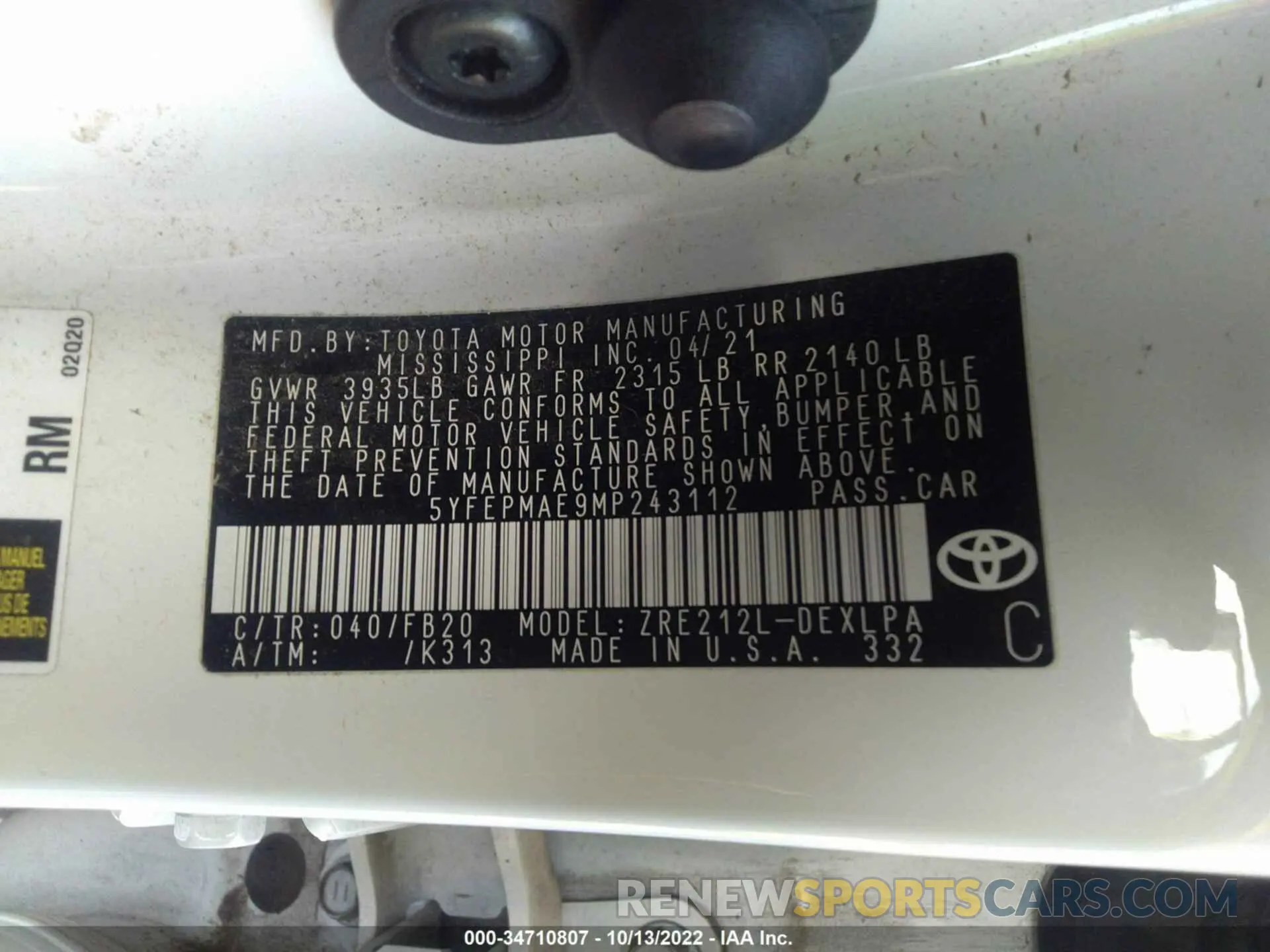 9 Photograph of a damaged car 5YFEPMAE9MP243112 TOYOTA COROLLA 2021