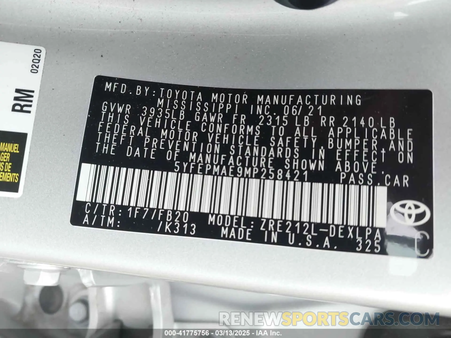 9 Photograph of a damaged car 5YFEPMAE9MP258421 TOYOTA COROLLA 2021