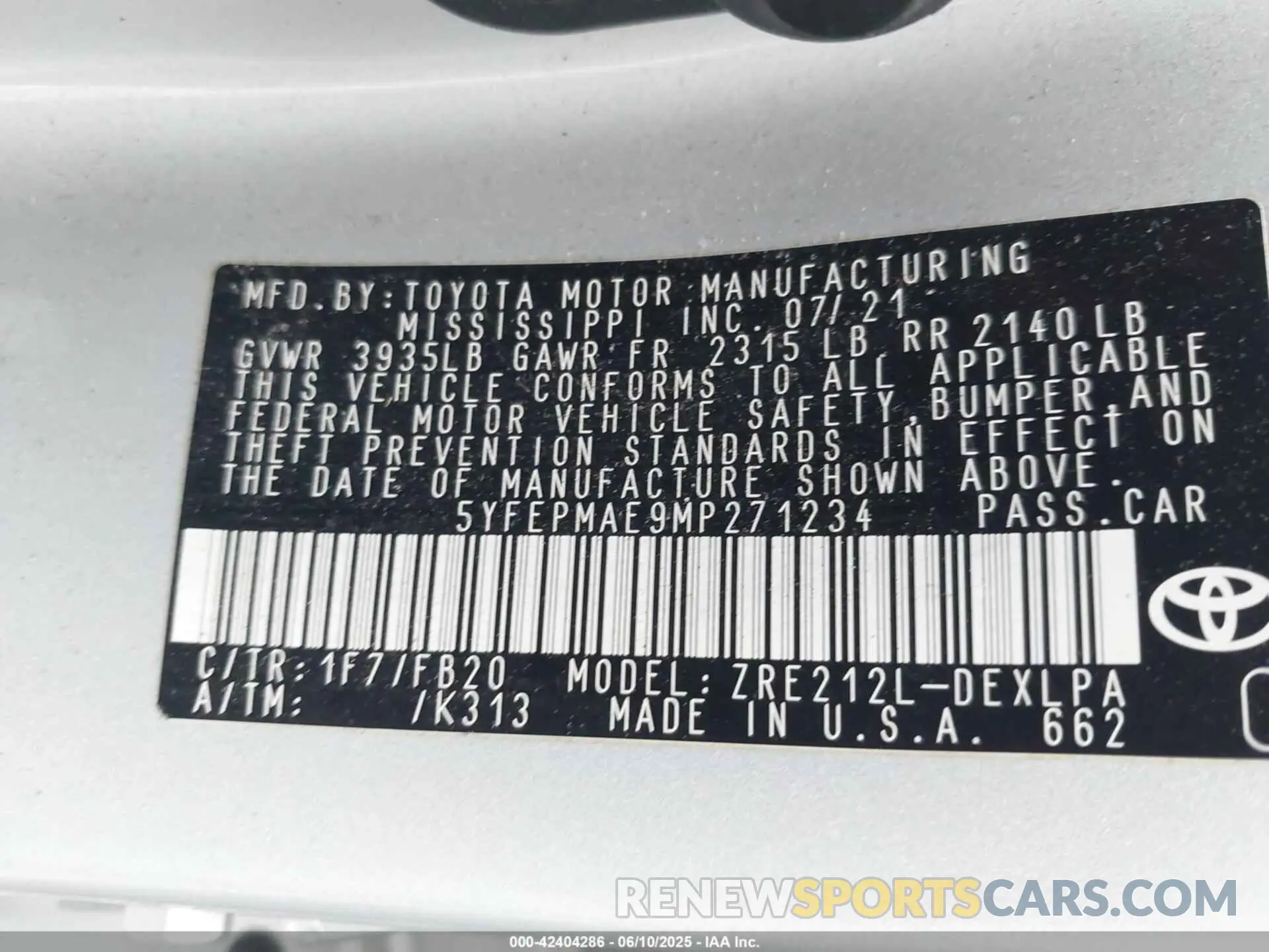 9 Photograph of a damaged car 5YFEPMAE9MP271234 TOYOTA COROLLA 2021