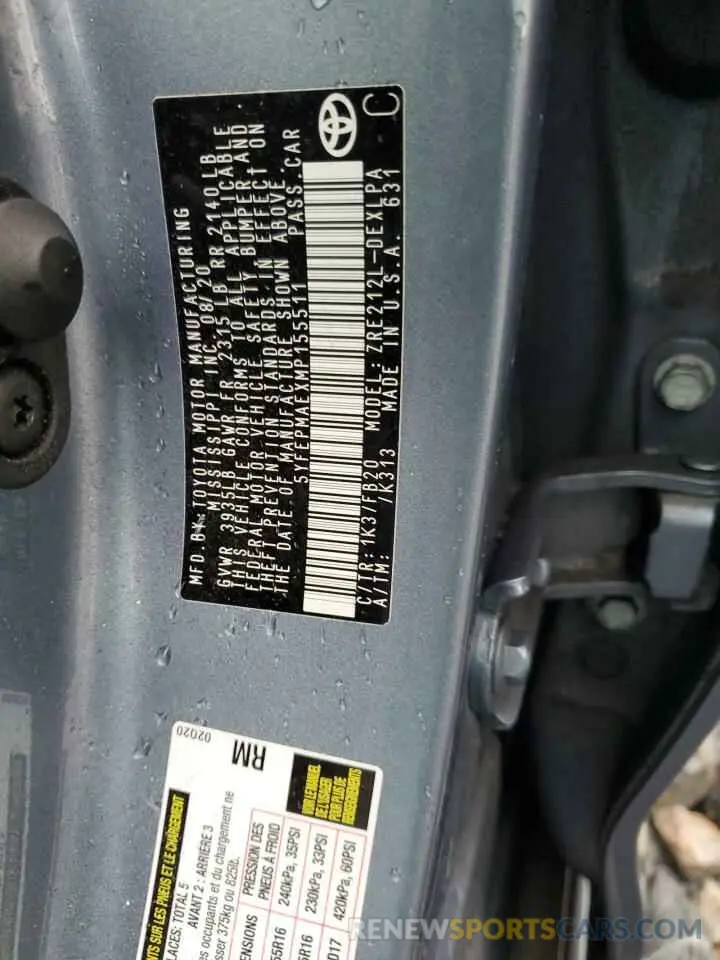 12 Photograph of a damaged car 5YFEPMAEXMP155511 TOYOTA COROLLA 2021