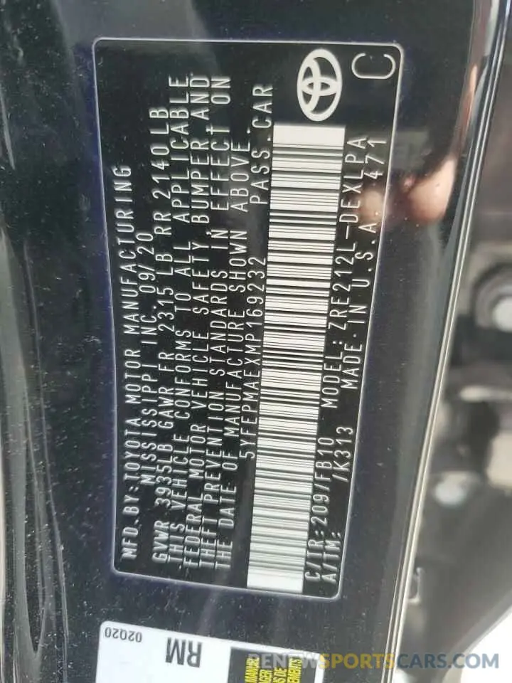12 Photograph of a damaged car 5YFEPMAEXMP169232 TOYOTA COROLLA 2021
