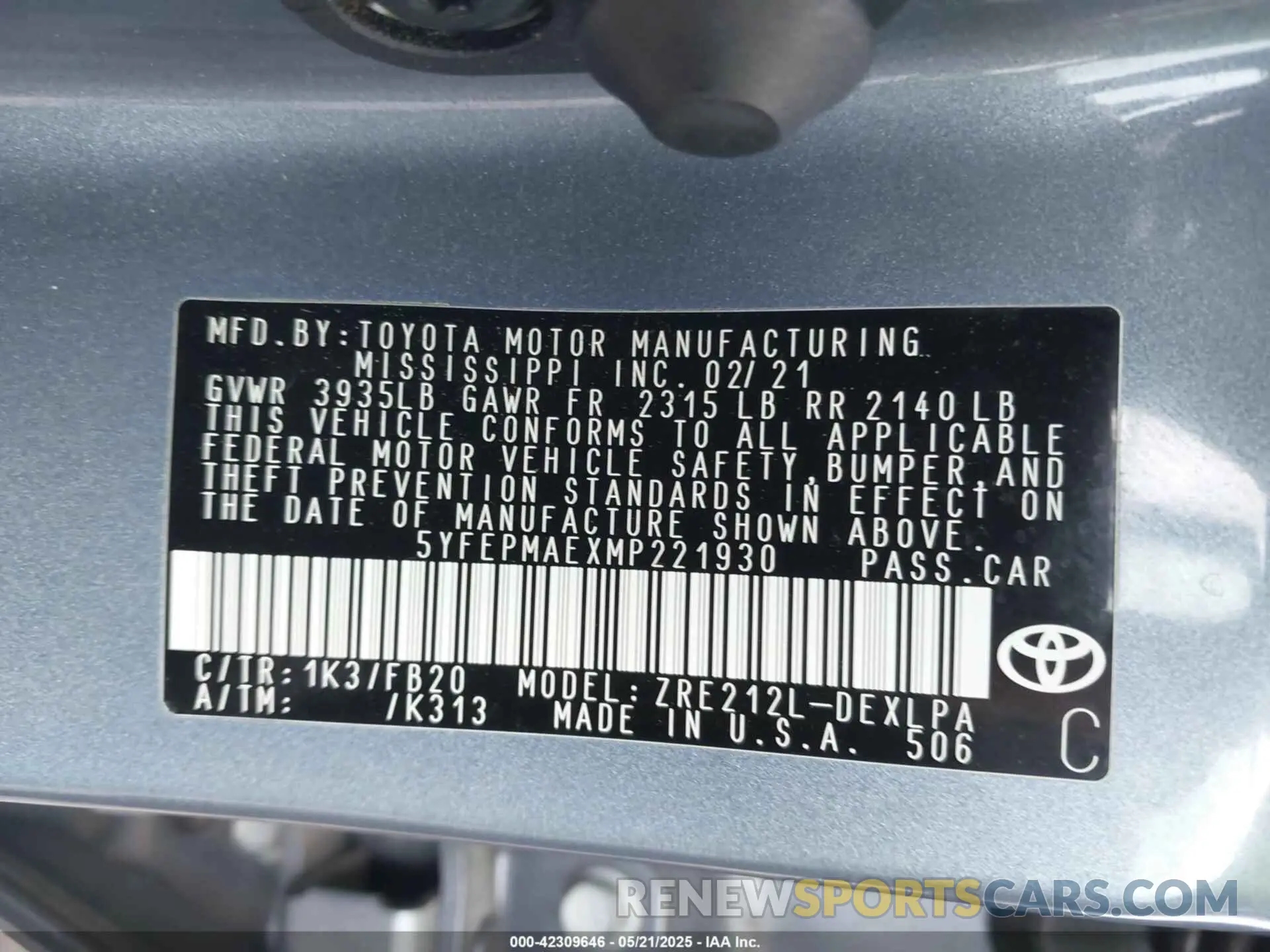 9 Photograph of a damaged car 5YFEPMAEXMP221930 TOYOTA COROLLA 2021
