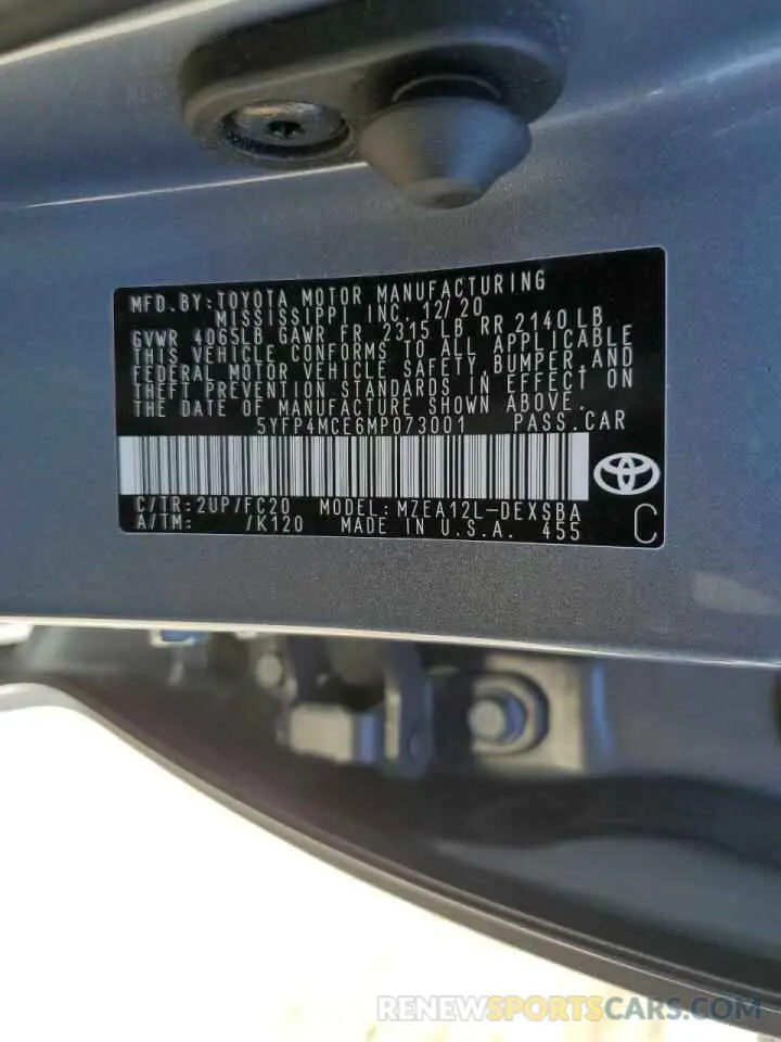 10 Photograph of a damaged car 5YFP4MCE6MP073001 TOYOTA COROLLA 2021