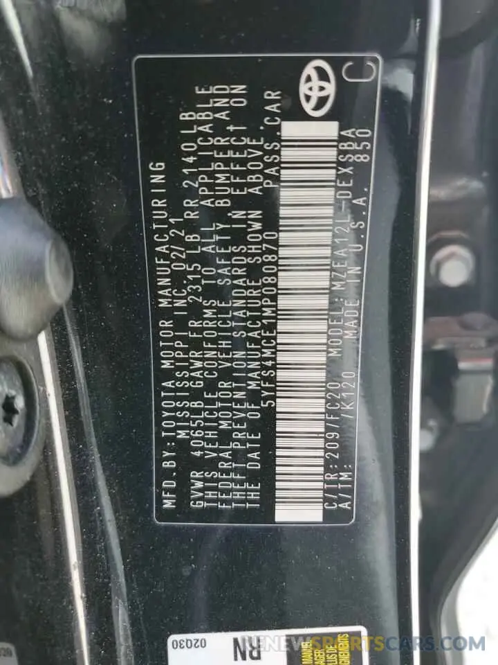 12 Photograph of a damaged car 5YFS4MCE1MP080870 TOYOTA COROLLA 2021
