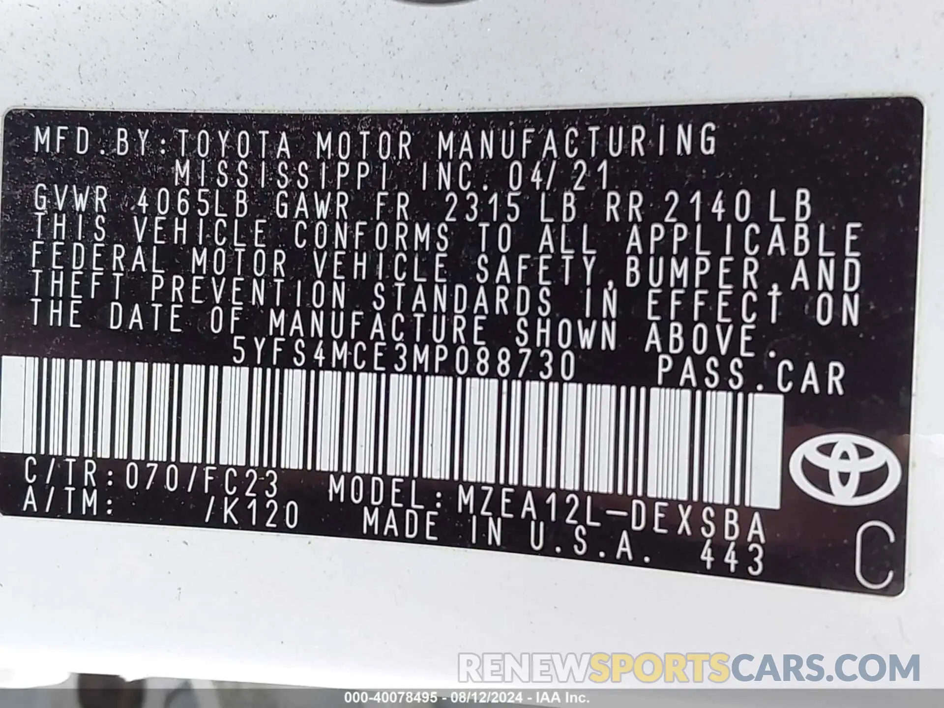 9 Photograph of a damaged car 5YFS4MCE3MP088730 TOYOTA COROLLA 2021