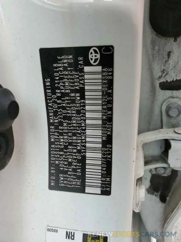 12 Photograph of a damaged car 5YFS4MCE4MP070219 TOYOTA COROLLA 2021