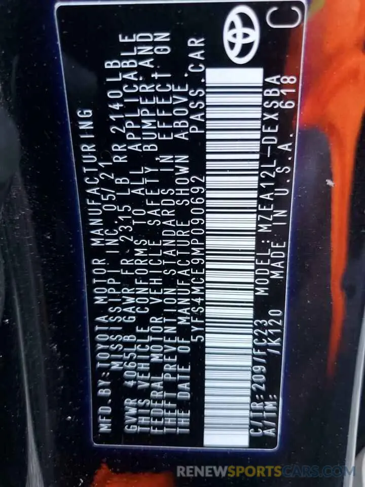 12 Photograph of a damaged car 5YFS4MCE9MP090692 TOYOTA COROLLA 2021