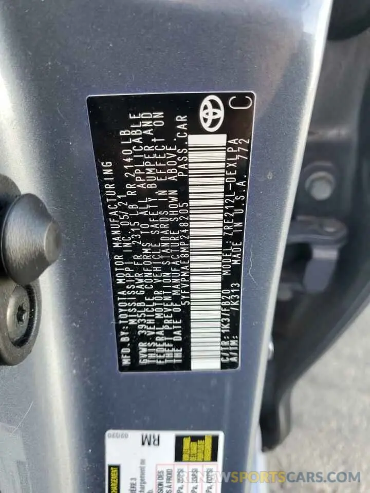 12 Photograph of a damaged car 5YFVPMAE8MP248205 TOYOTA COROLLA 2021