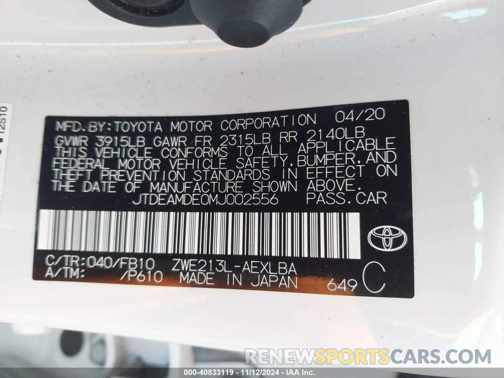9 Photograph of a damaged car JTDEAMDE0MJ002556 TOYOTA COROLLA 2021